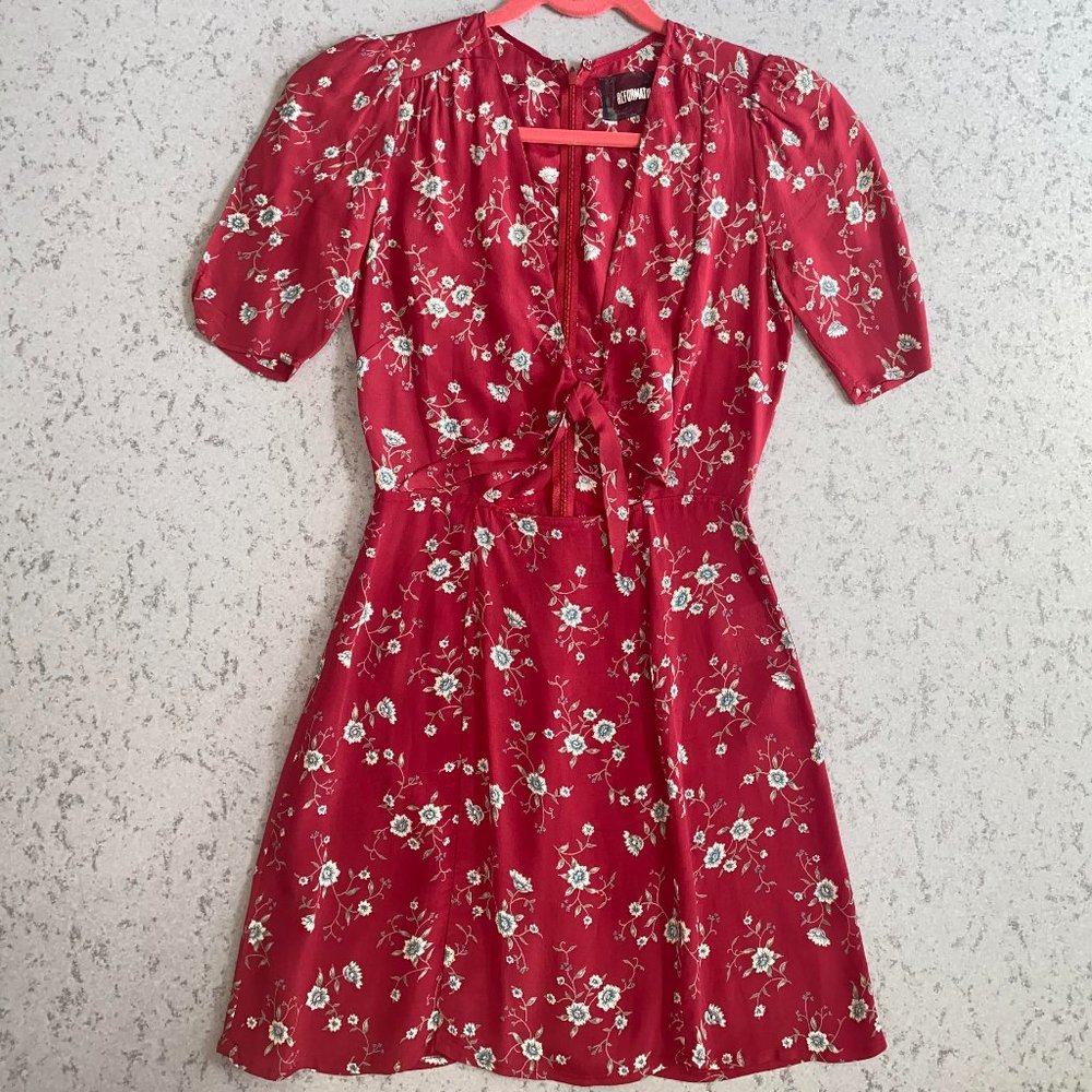 Reformation Grace Floral Front Tie Mini Dress in Red Viscose (Size: 0)